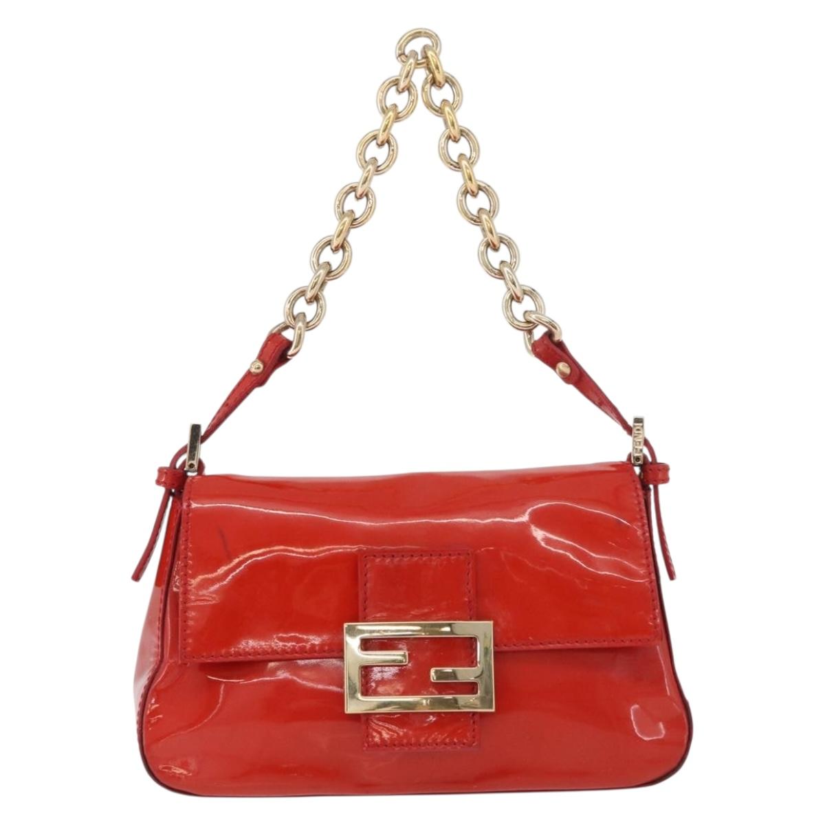 FENDI Mamma Baguette Chain Shoulder Bag Patent leather Red Gold Auth bs35306A
