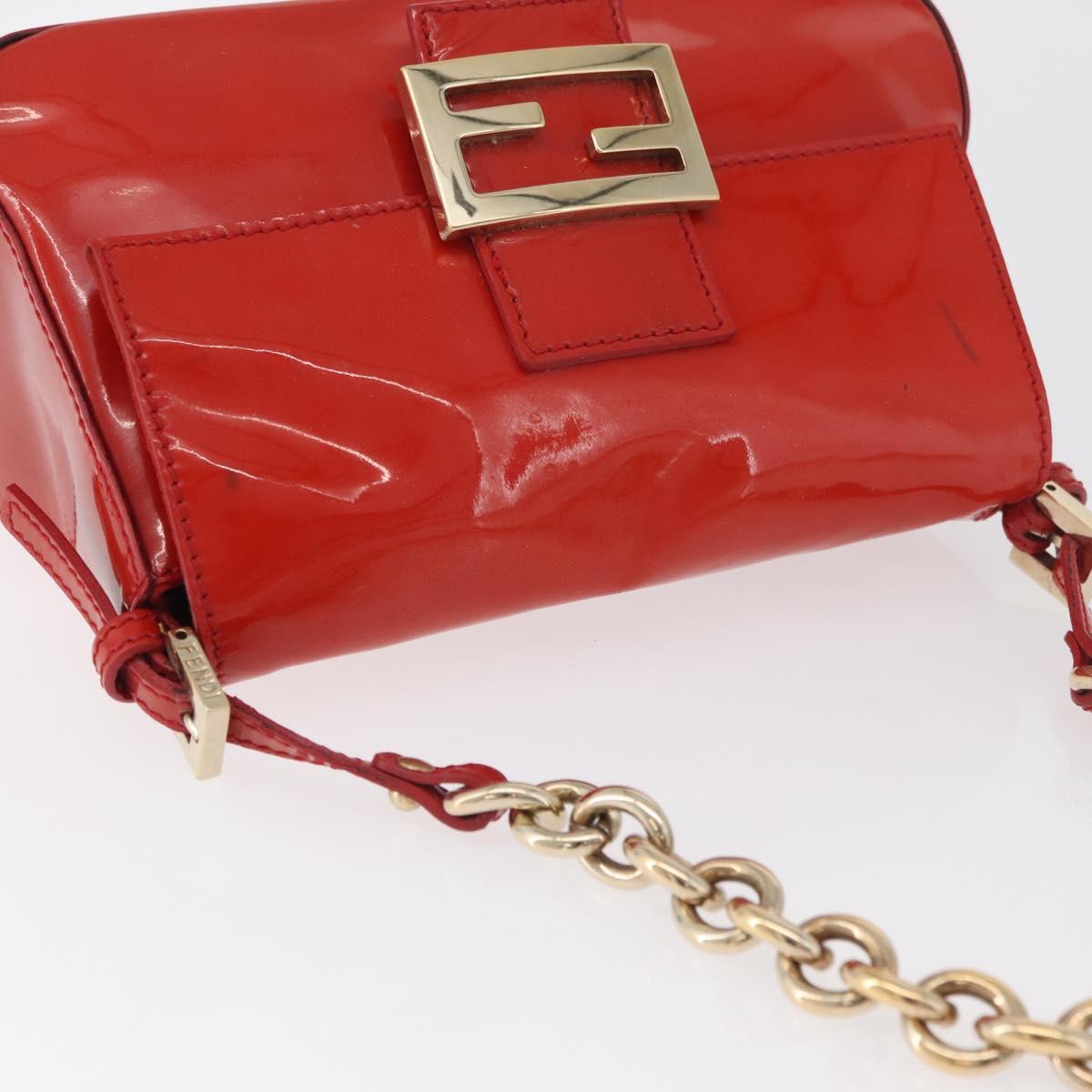 FENDI Mamma Baguette Chain Shoulder Bag Patent leather Red Gold Auth bs35306A