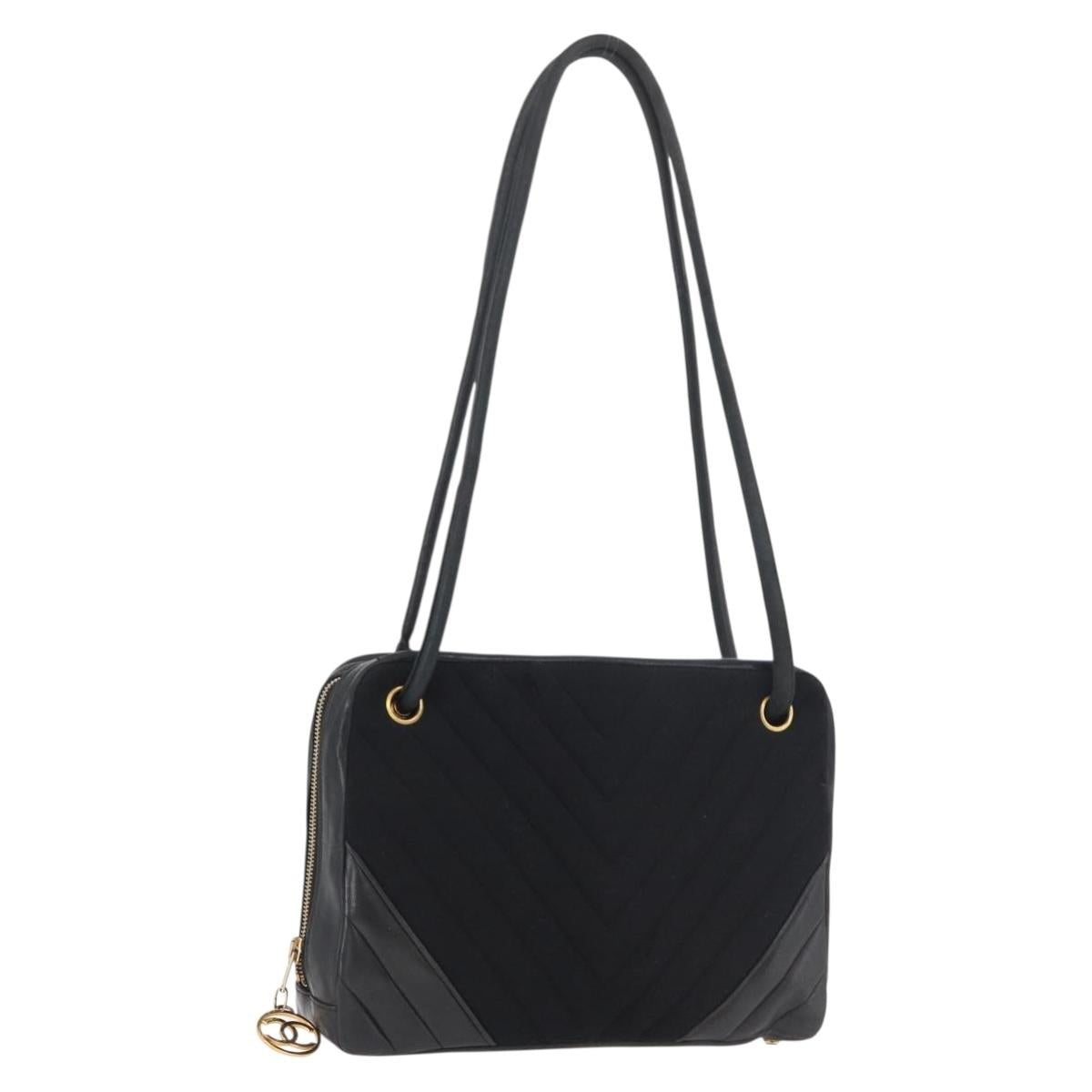 CHANEL V Stitch Shoulder Bag Cotton Black Gold CC Auth bs35307