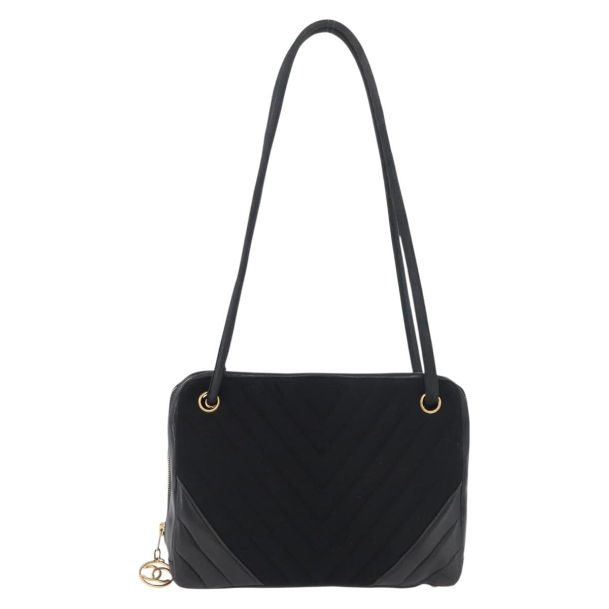 CHANEL V Stitch Shoulder Bag Cotton Black Gold CC Auth bs35307