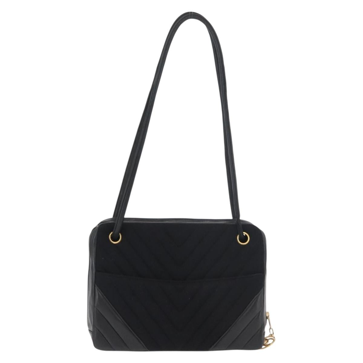 CHANEL V Stitch Shoulder Bag Cotton Black Gold CC Auth bs35307