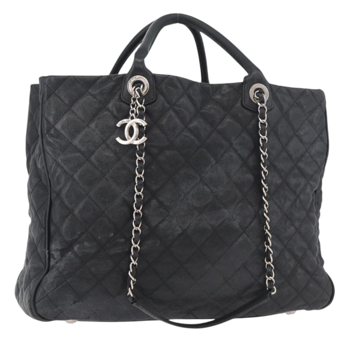 CHANEL Matelasse Chain Tote Bag Caviar Skin 2way Black Silver CC Auth bs35339