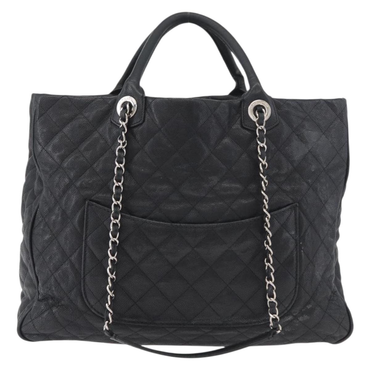 CHANEL Matelasse Chain Tote Bag Caviar Skin 2way Black Silver CC Auth bs35339