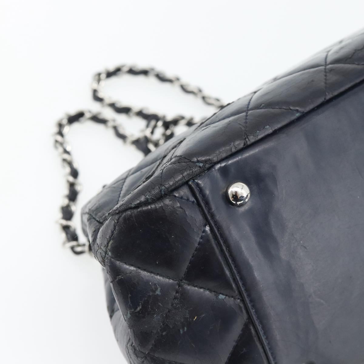 CHANEL Matelasse Chain Purse Bag Patent Leather Navy Silver CC Auth bs35340