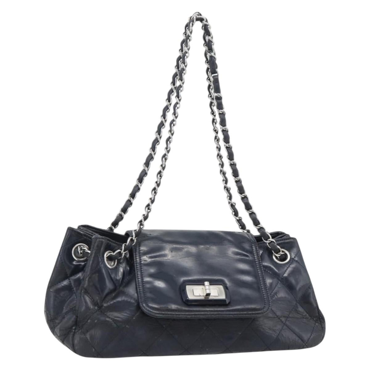 CHANEL Matelasse Chain Purse Bag Patent Leather Navy Silver CC Auth bs35340