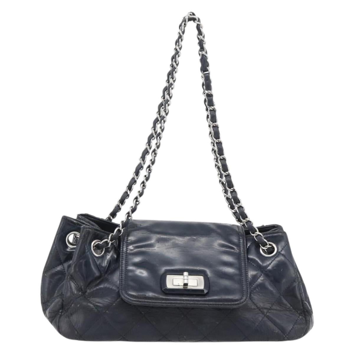 CHANEL Matelasse Chain Purse Bag Patent Leather Navy Silver CC Auth bs35340