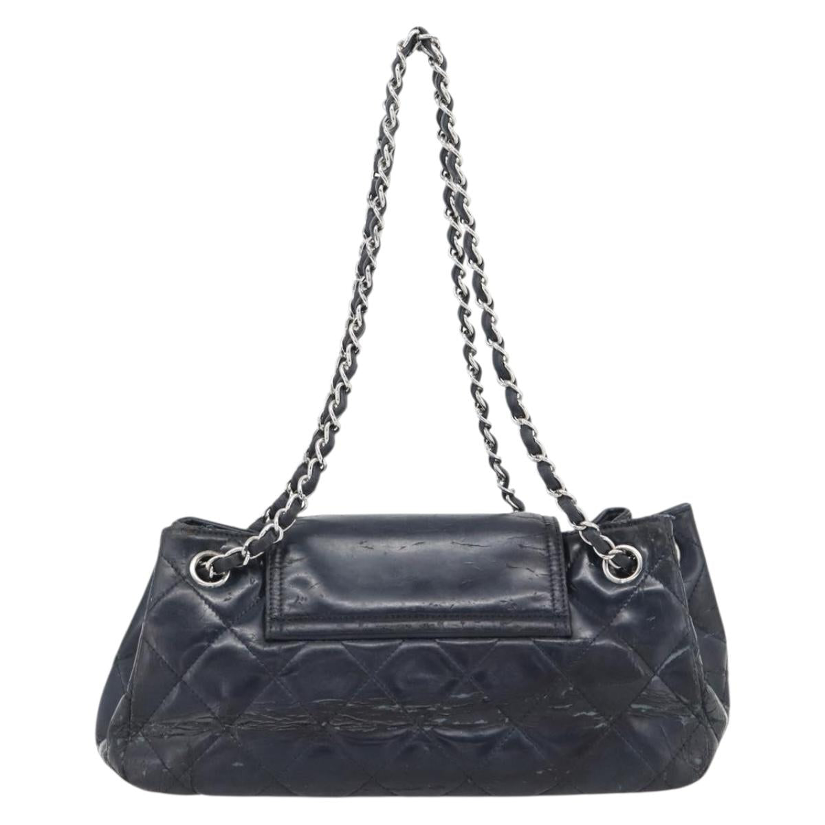 CHANEL Matelasse Chain Purse Bag Patent Leather Navy Silver CC Auth bs35340