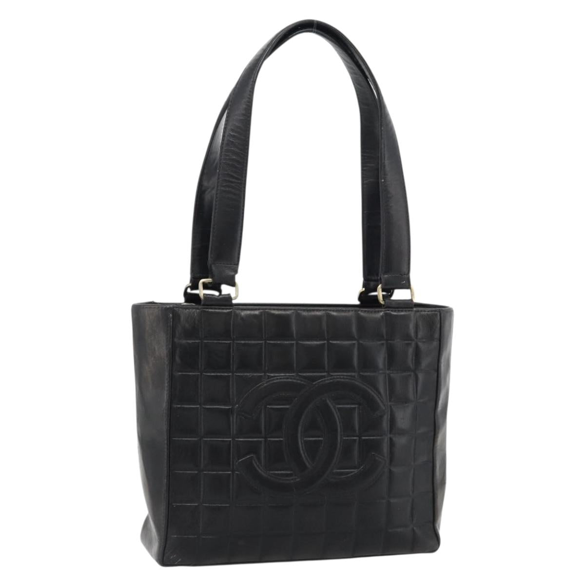 CHANEL Choco Bar Hand Bag Leather Black Gold CC Auth bs35341