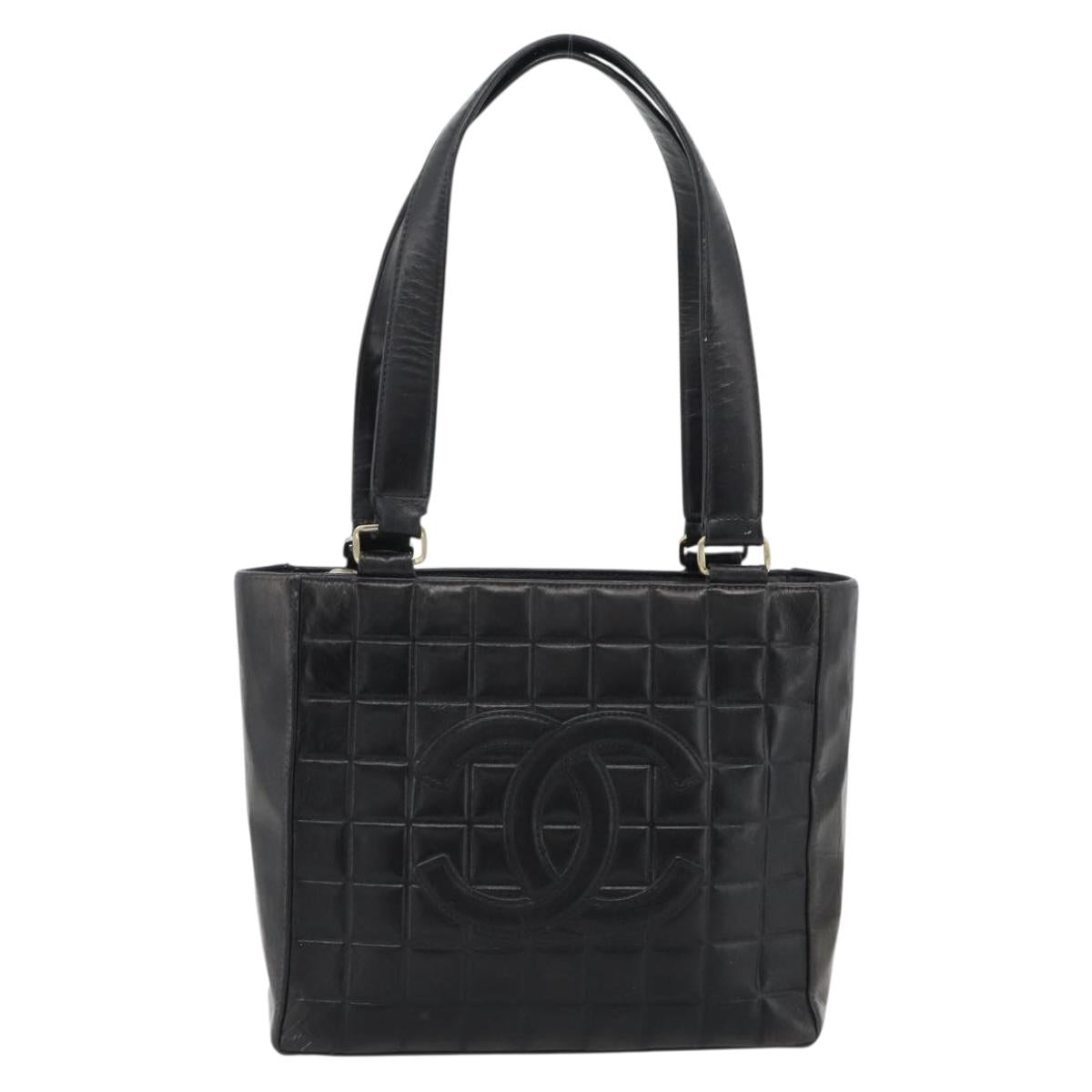 CHANEL Choco Bar Hand Bag Leather Black Gold CC Auth bs35341