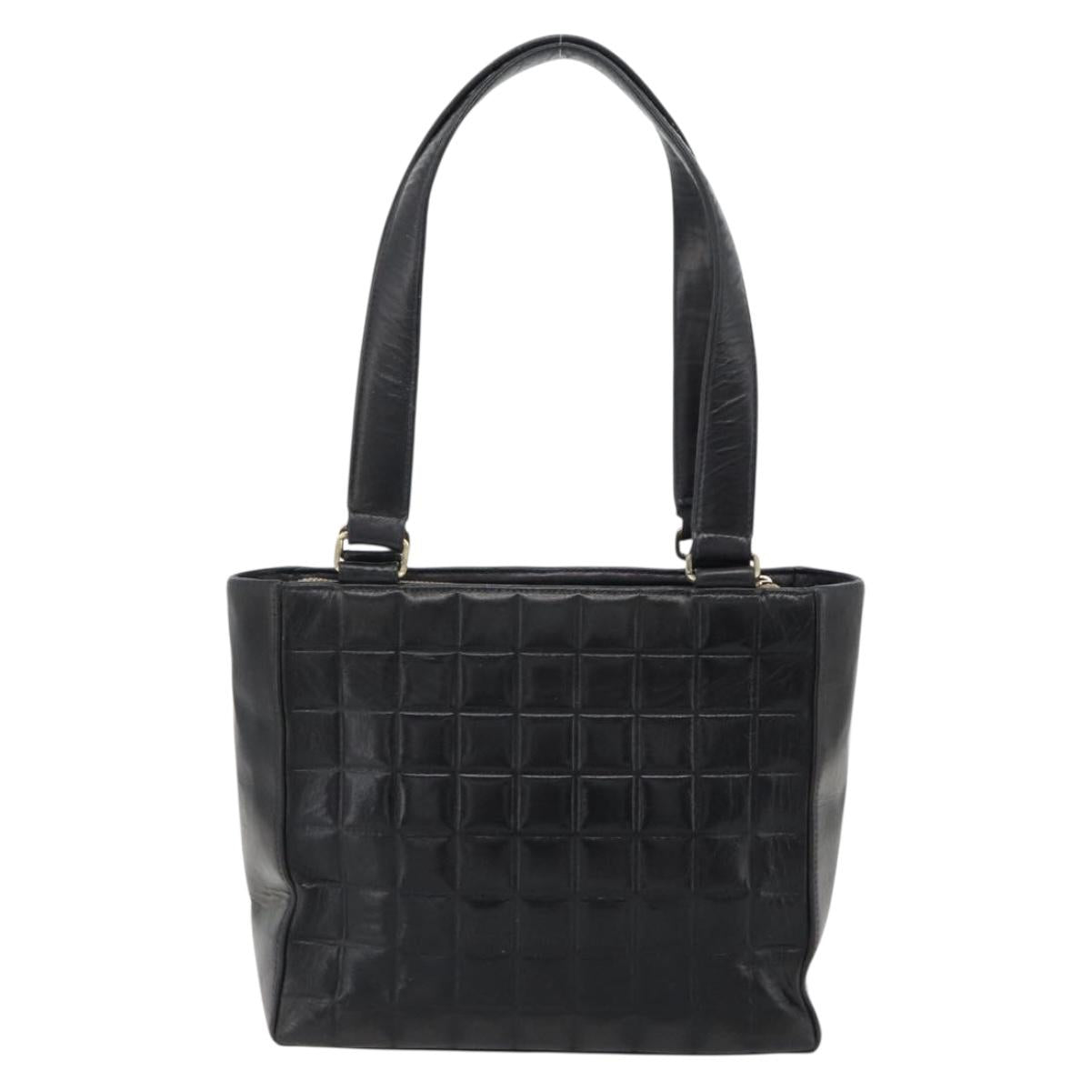 CHANEL Choco Bar Hand Bag Leather Black Gold CC Auth bs35341