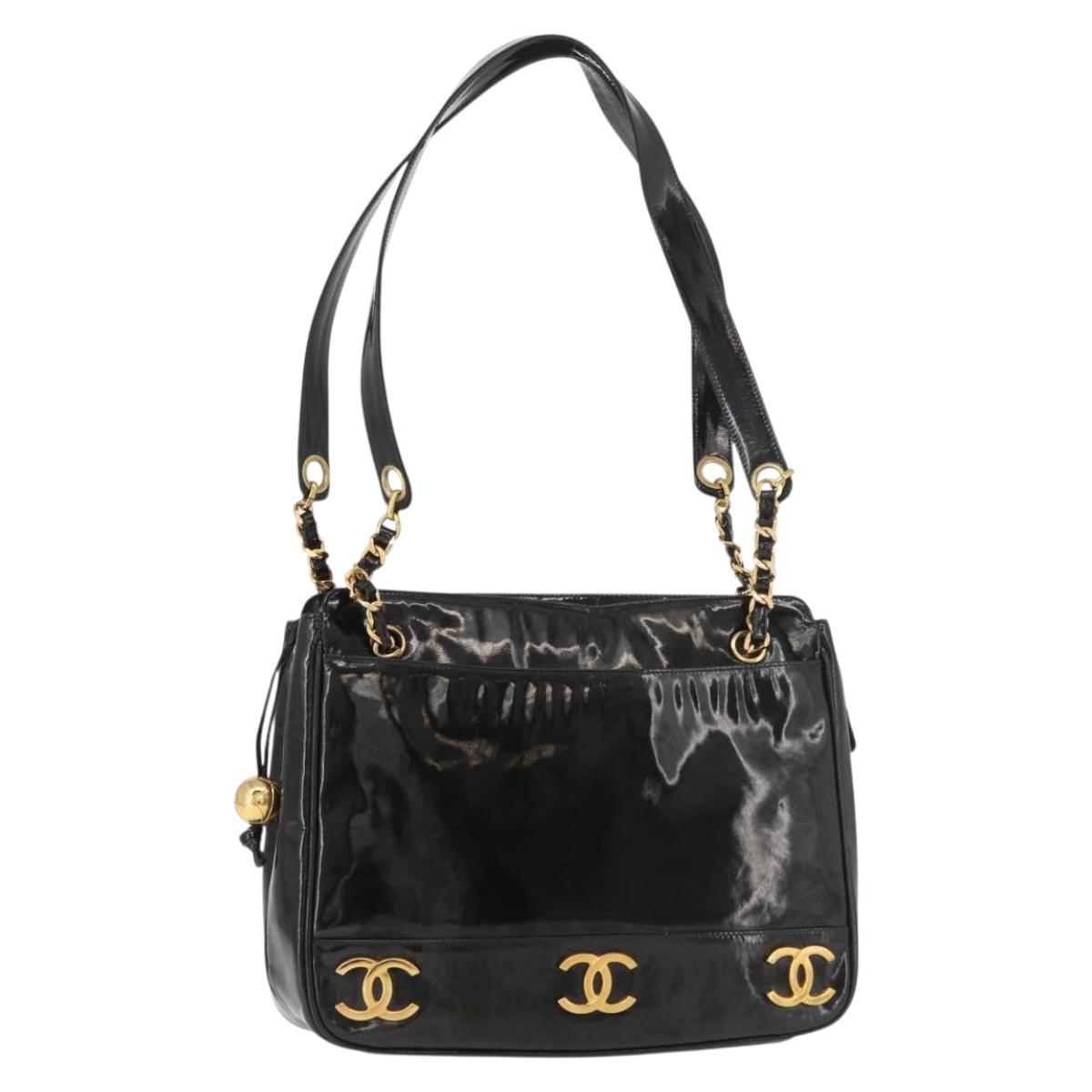 CHANEL Chain Shoulder Bag Patent Leather Black Gold CC Auth bs35342