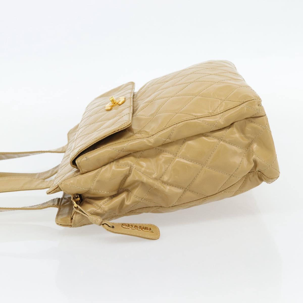 CHANEL Matelasse Tote Bag Patent Leather Beige Gold CC Auth bs35345