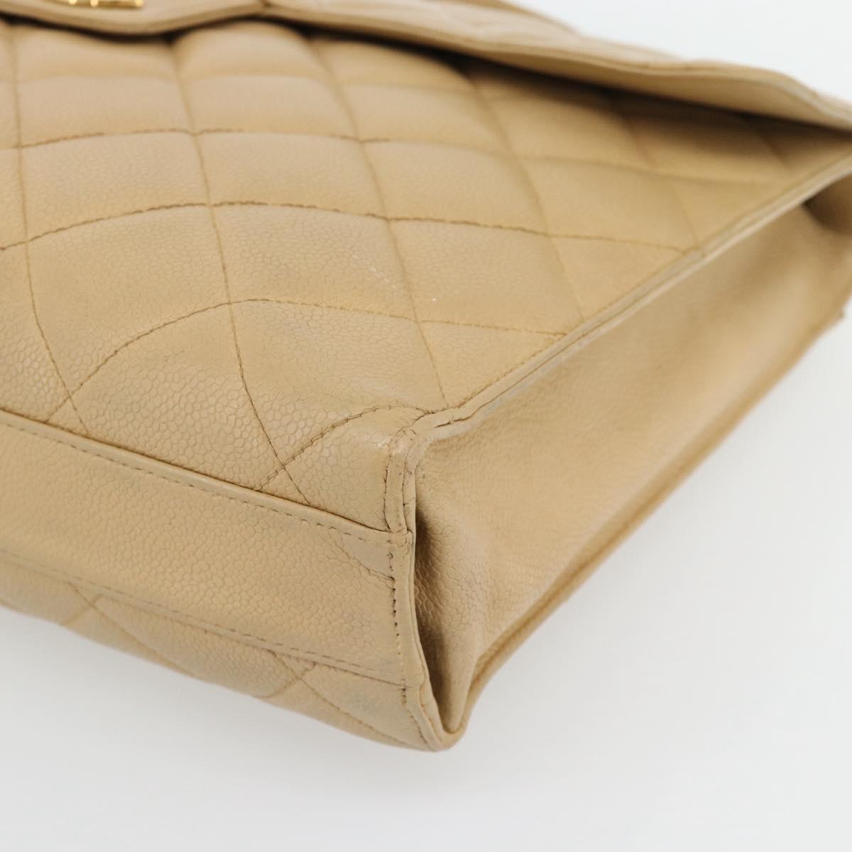 CHANEL Matelasse Business Bag Caviar Skin Beige Gold CC Auth bs35346