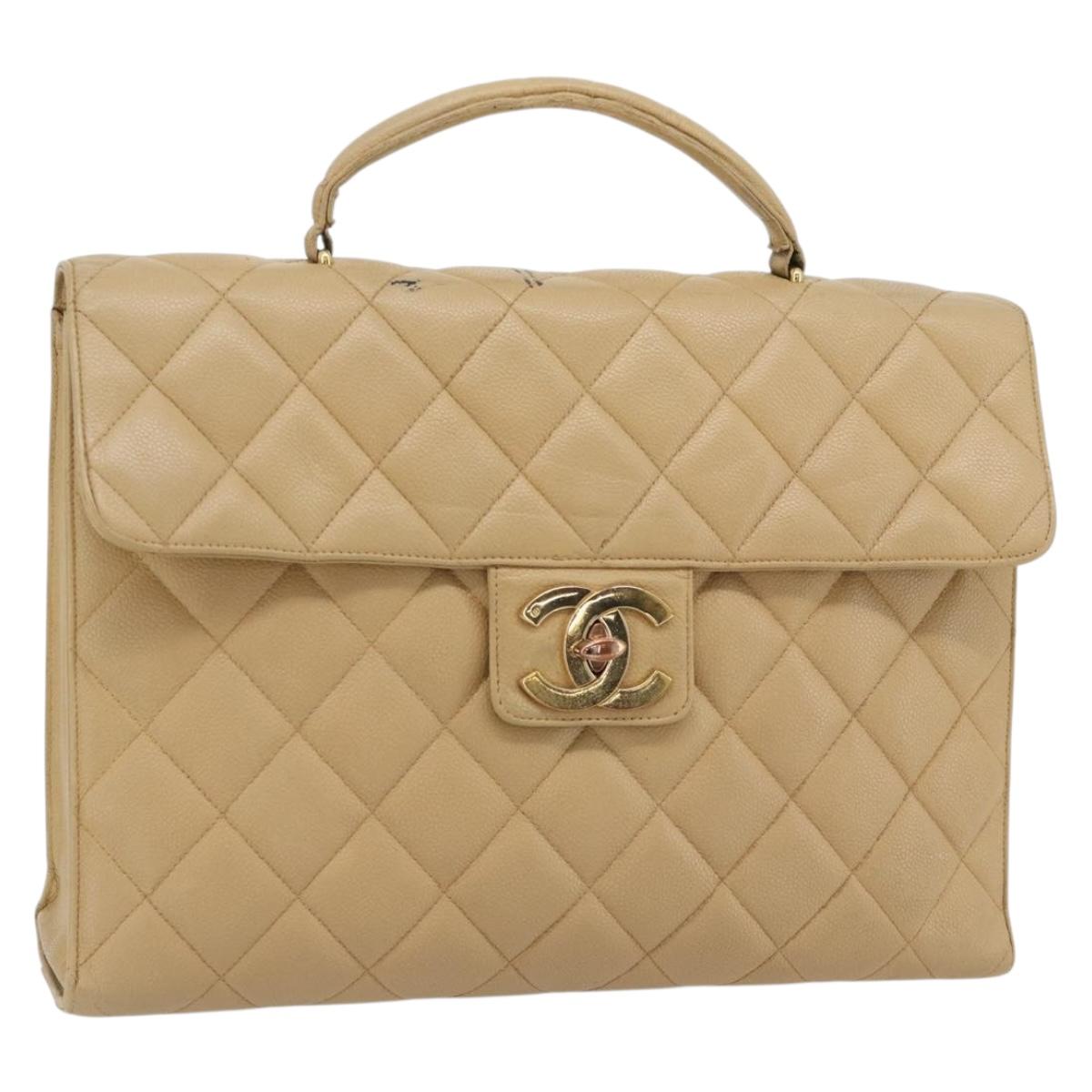 CHANEL Matelasse Business Bag Caviar Skin Beige Gold CC Auth bs35346
