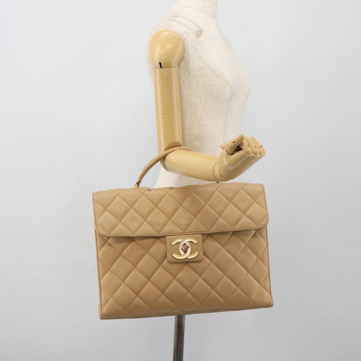CHANEL Matelasse Business Bag Caviar Skin Beige Gold CC Auth bs35346