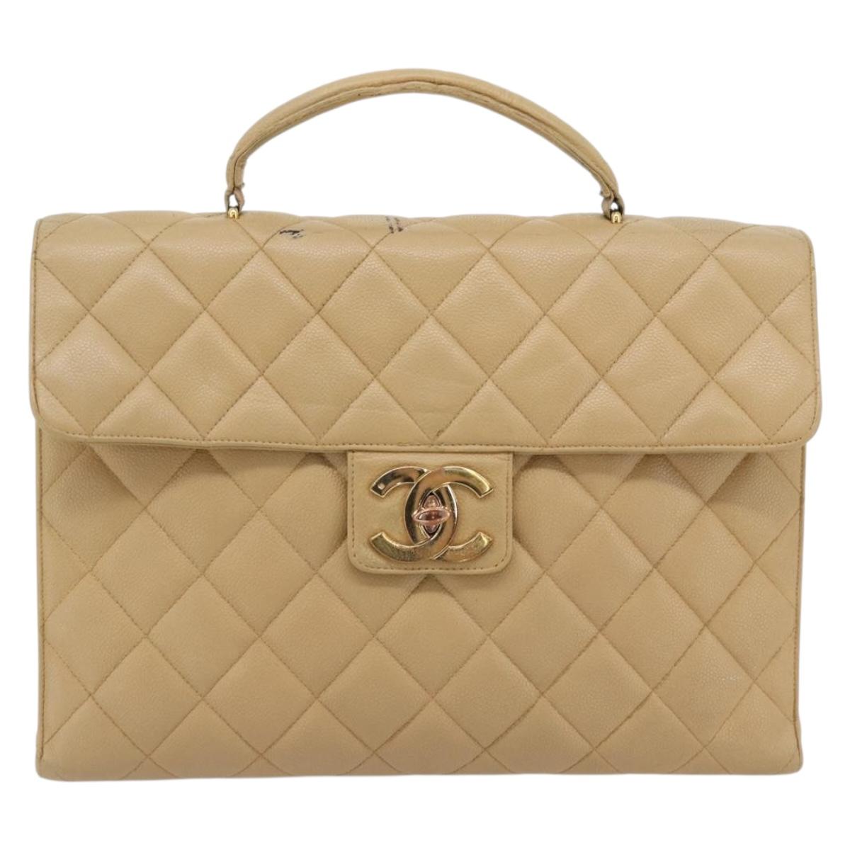 CHANEL Matelasse Business Bag Caviar Skin Beige Gold CC Auth bs35346