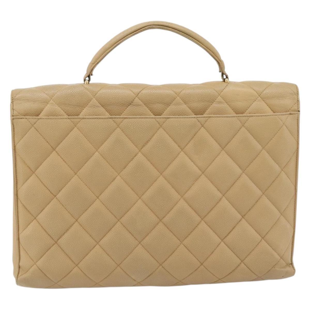 CHANEL Matelasse Business Bag Caviar Skin Beige Gold CC Auth bs35346