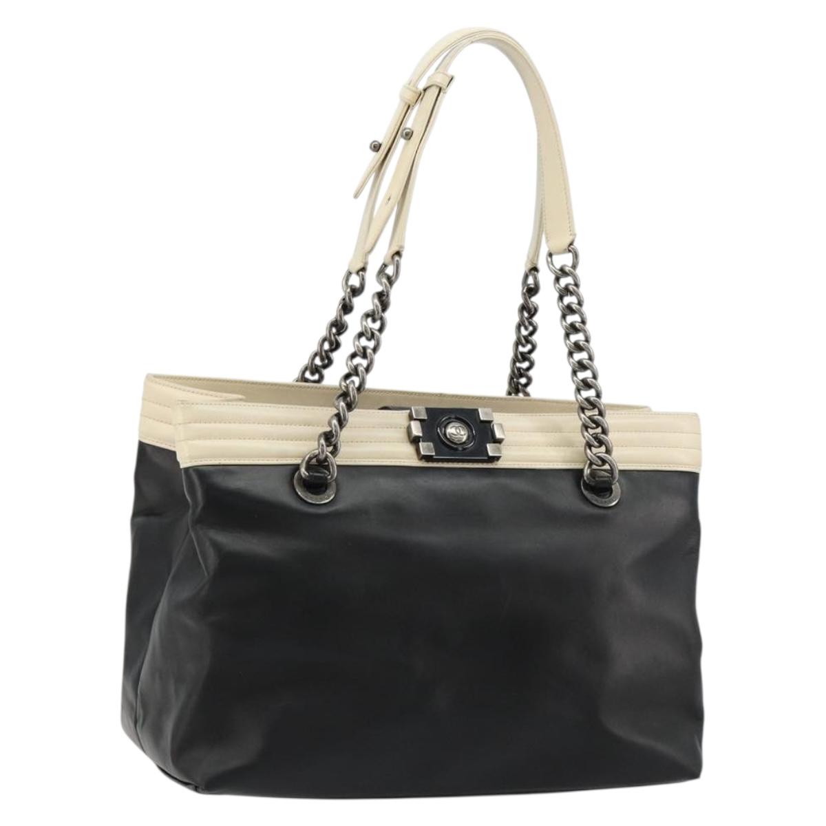 CHANEL Boy Chanel Chain Tote Bag Calf Skin Black Silver CC Auth bs35348