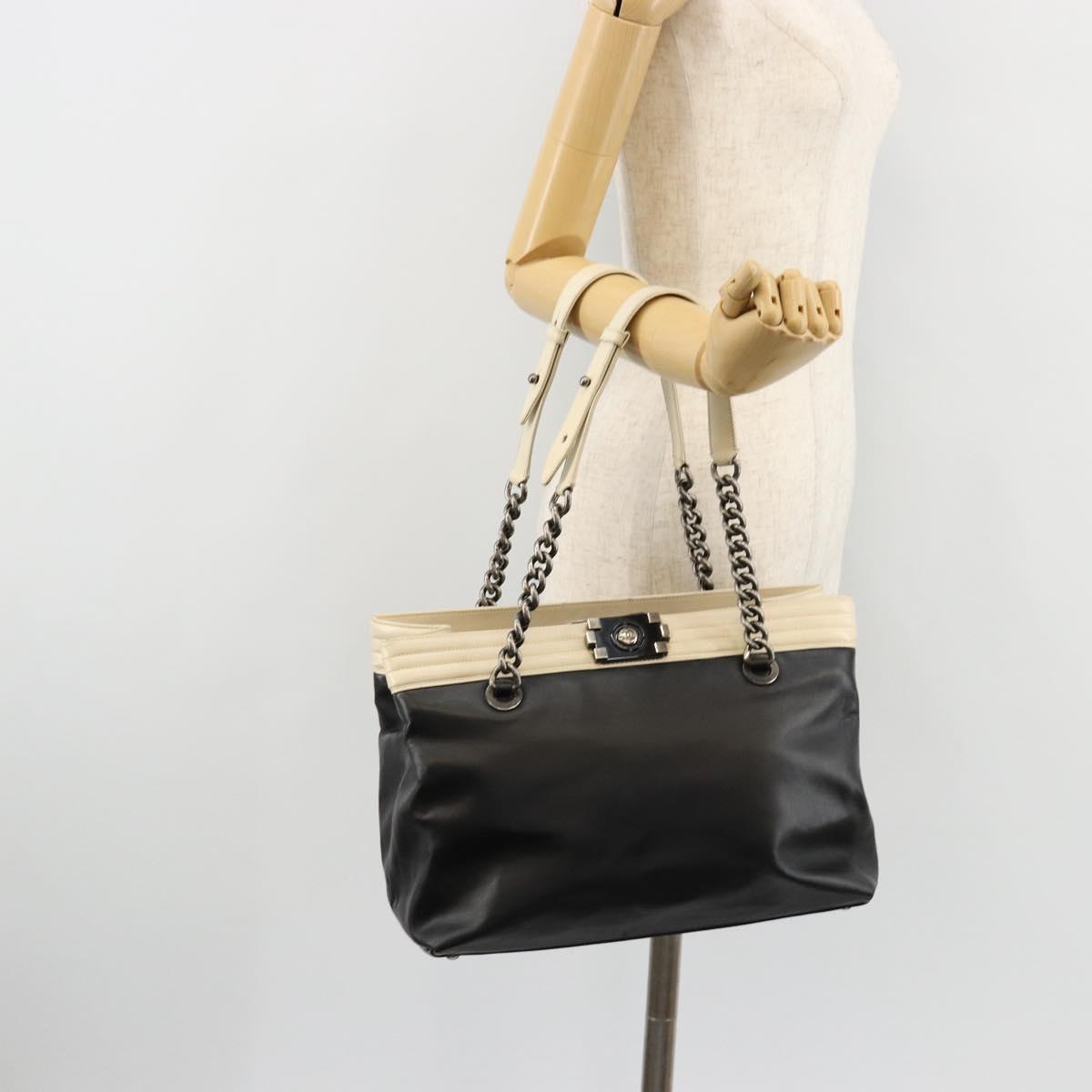 CHANEL Boy Chanel Chain Tote Bag Calf Skin Black Silver CC Auth bs35348