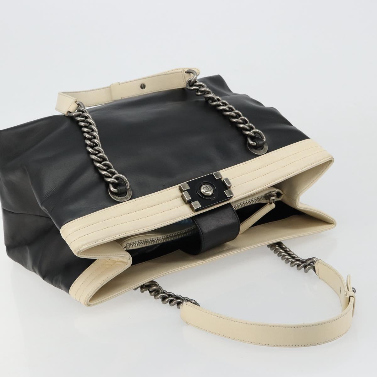 CHANEL Boy Chanel Chain Tote Bag Calf Skin Black Silver CC Auth bs35348
