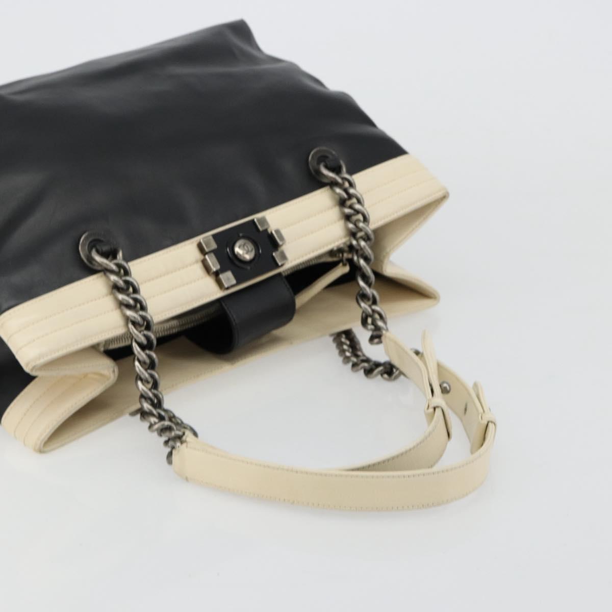 CHANEL Boy Chanel Chain Tote Bag Calf Skin Black Silver CC Auth bs35348