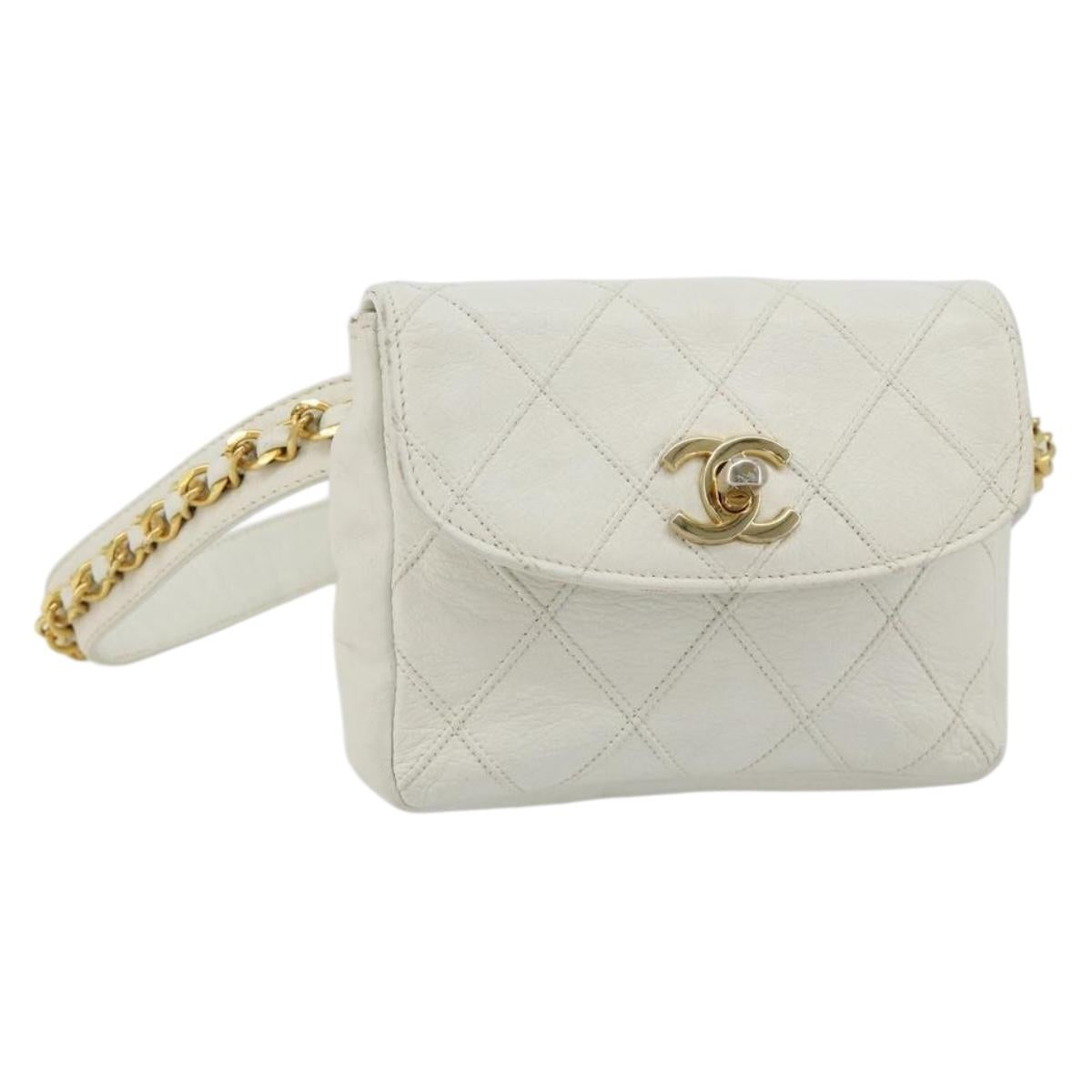 CHANEL Bicolore Waist Bag Lamb Skin White Gold CC Auth bs35350