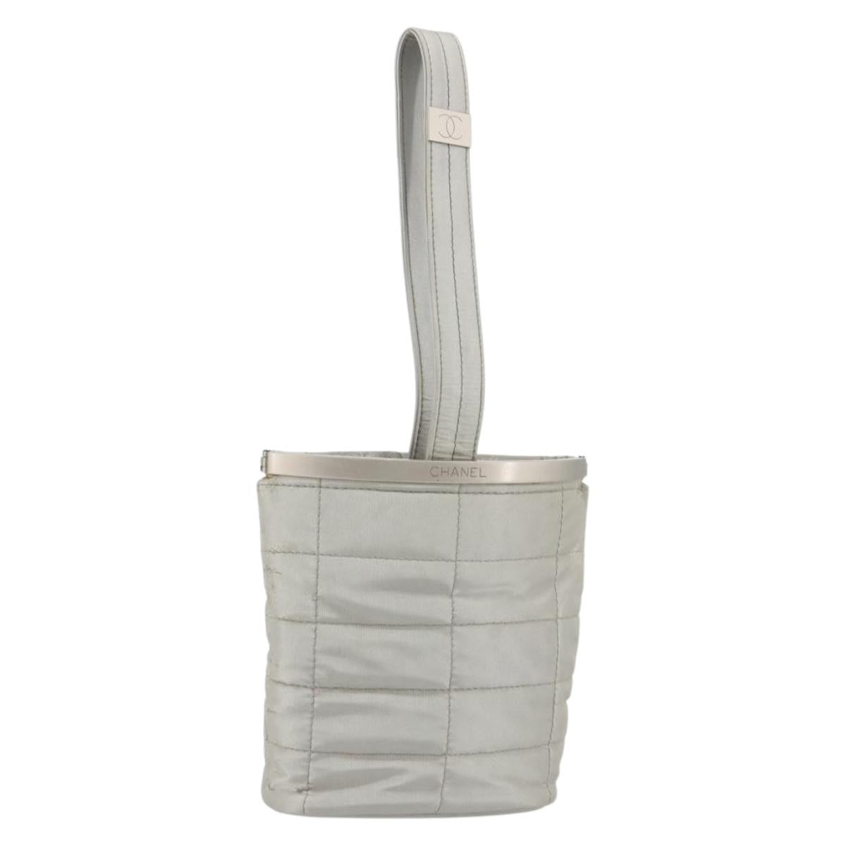 CHANEL Choco Bar Hand Pouch Nylon Silver CC Auth bs35353