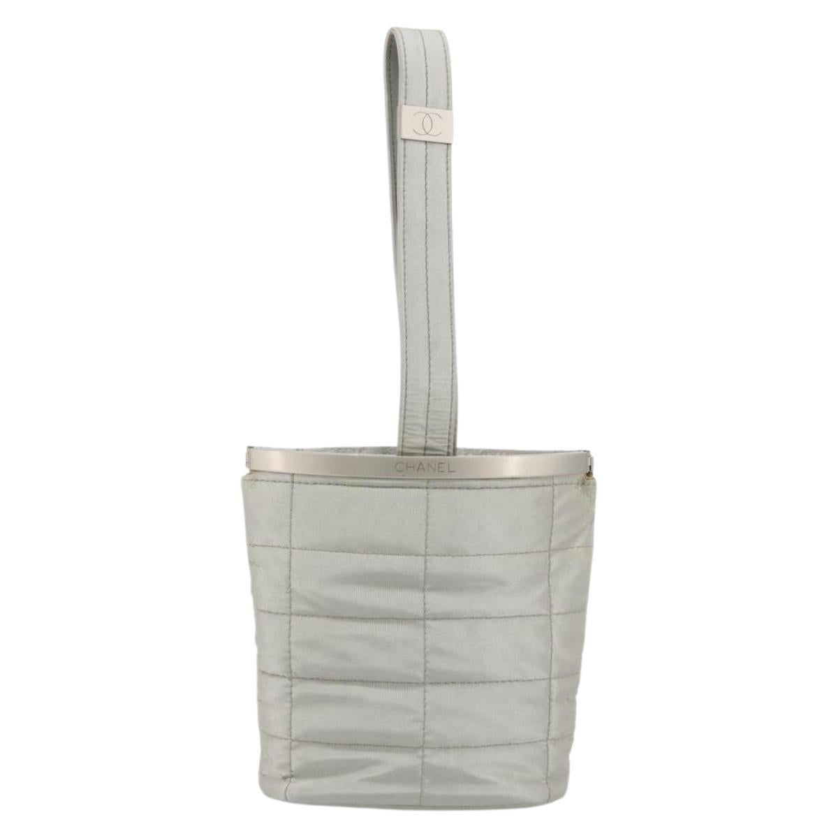 CHANEL Choco Bar Hand Pouch Nylon Silver CC Auth bs35353