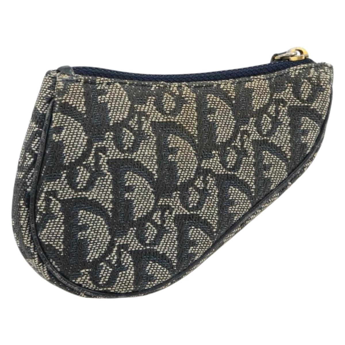 Christian Dior Trotter Canvas Saddle Coin Purse Navy Gold Auth bs35356