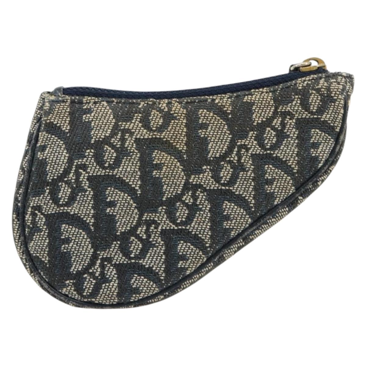 Christian Dior Trotter Canvas Saddle Coin Purse Navy Gold Auth bs35356