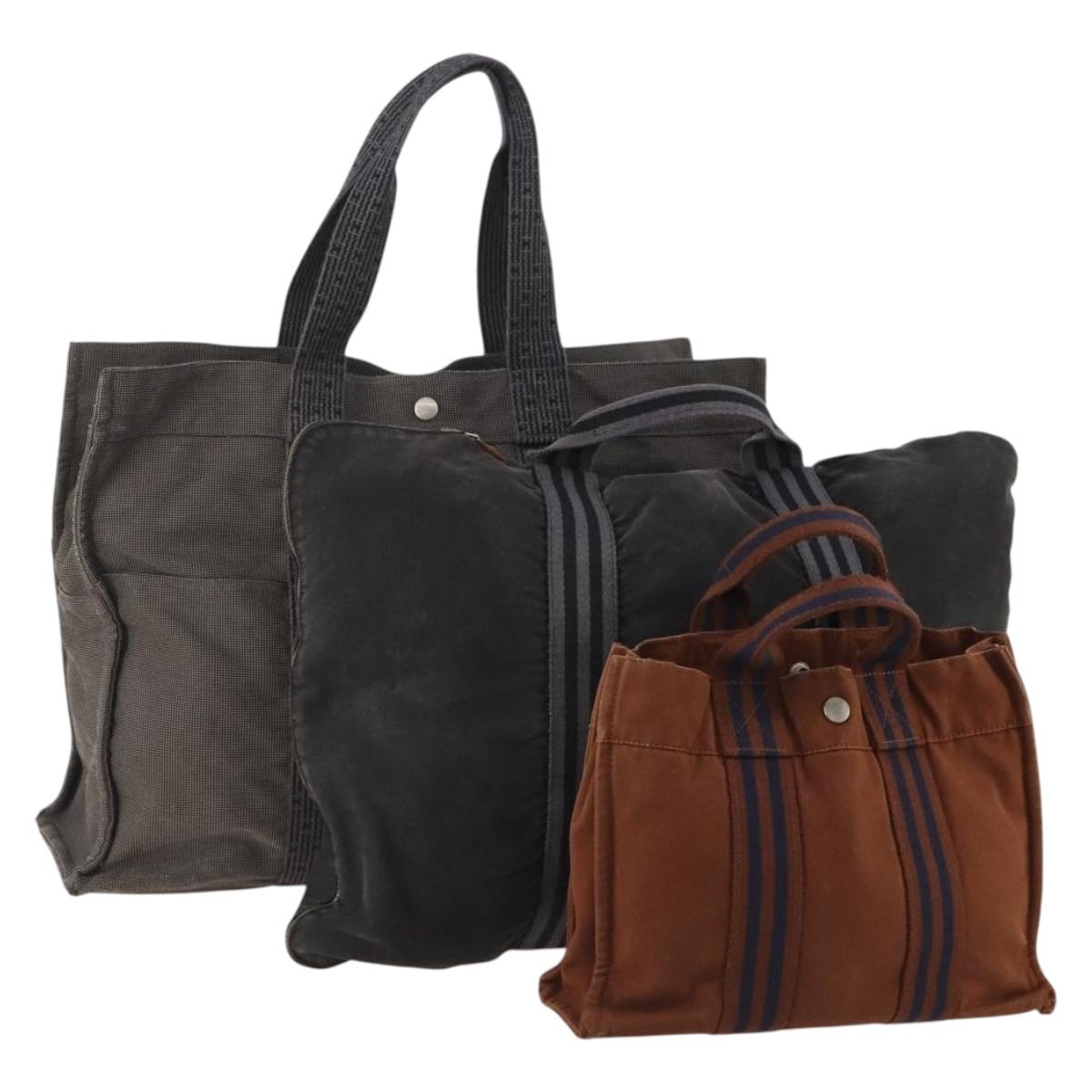 HERMES Hand Bag Canvas 3 Set Gray Black Brown Auth bs35362