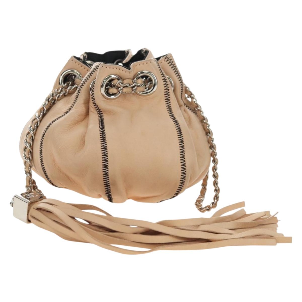 CHANEL Chain Purse Hand Bag Lamb Skin Beige Silver CC Auth bs35366V