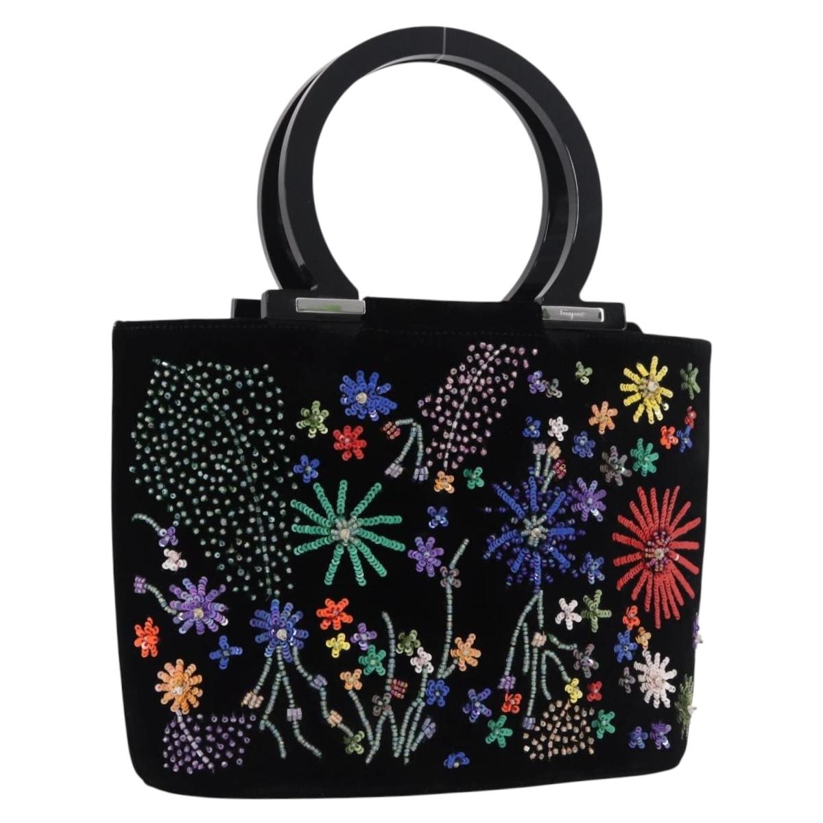 Salvatore Ferragamo Beads Hand Bag Velor Black Silver Auth bs35367A