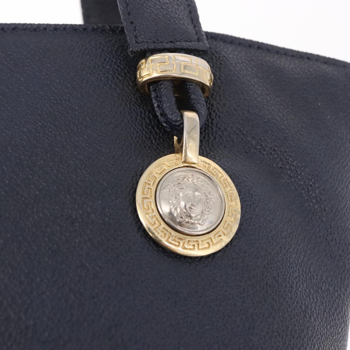 VERSACE Hand Bag Leather Navy Gold Auth bs35368
