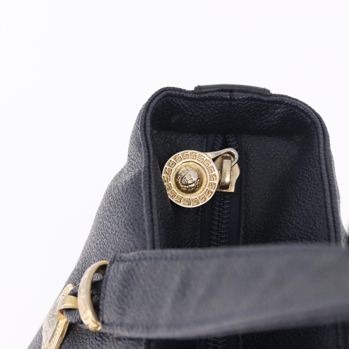 VERSACE Hand Bag Leather Navy Gold Auth bs35368