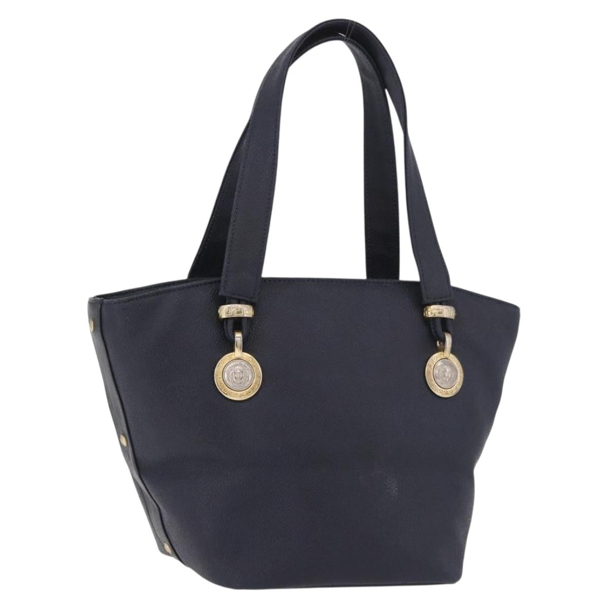 VERSACE Hand Bag Leather Navy Gold Auth bs35368