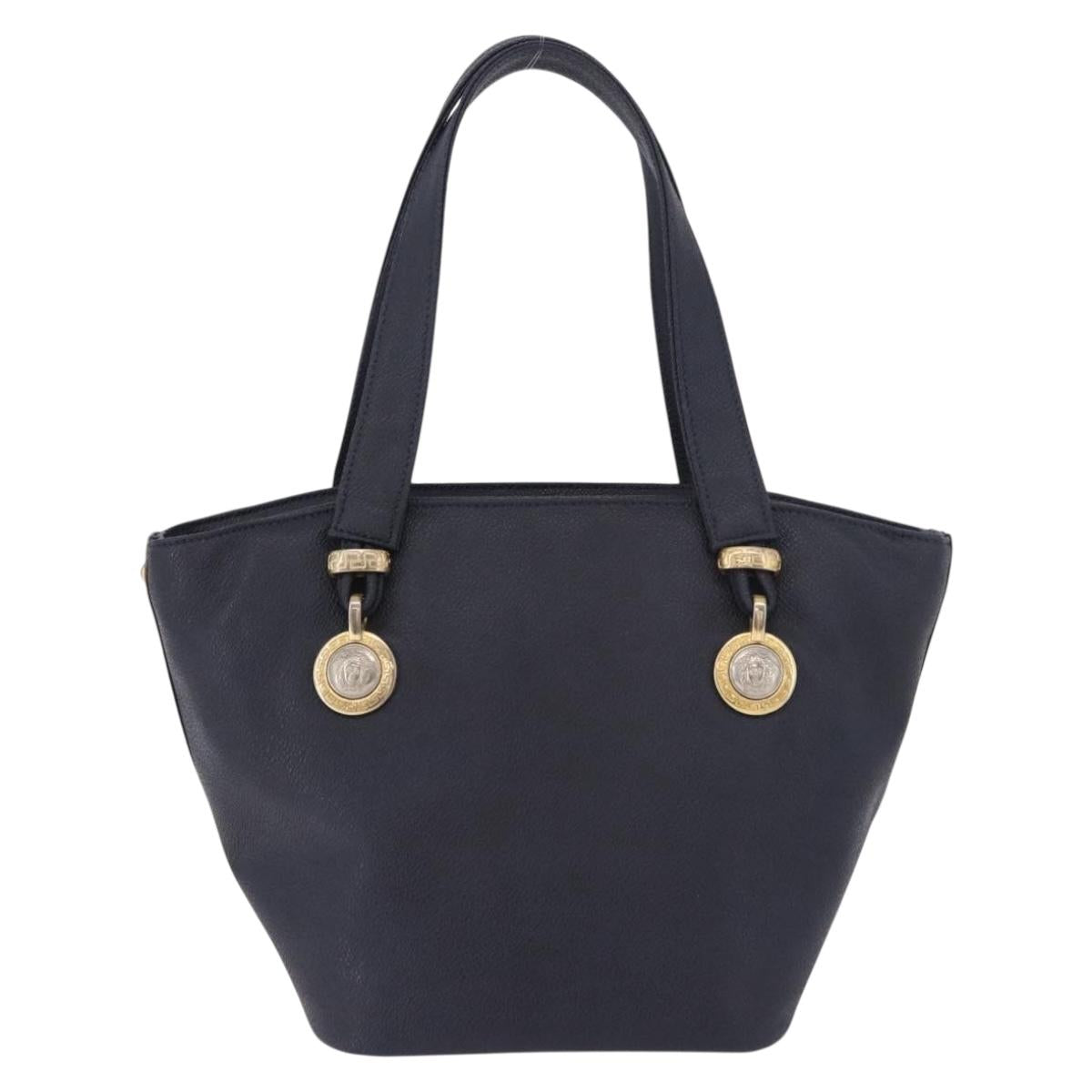 VERSACE Hand Bag Leather Navy Gold Auth bs35368