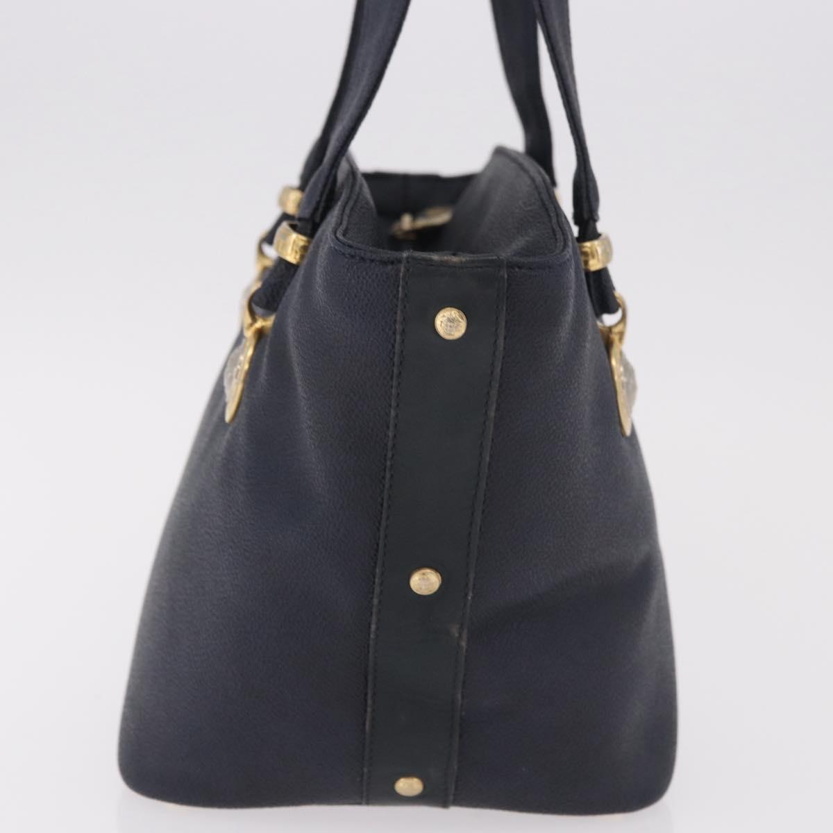 VERSACE Hand Bag Leather Navy Gold Auth bs35368