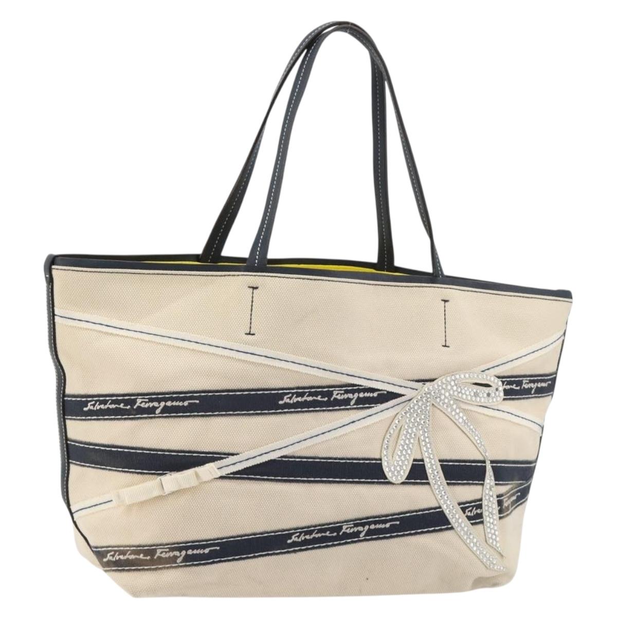 Salvatore Ferragamo Tote Bag Canvas White Silver Auth bs35372