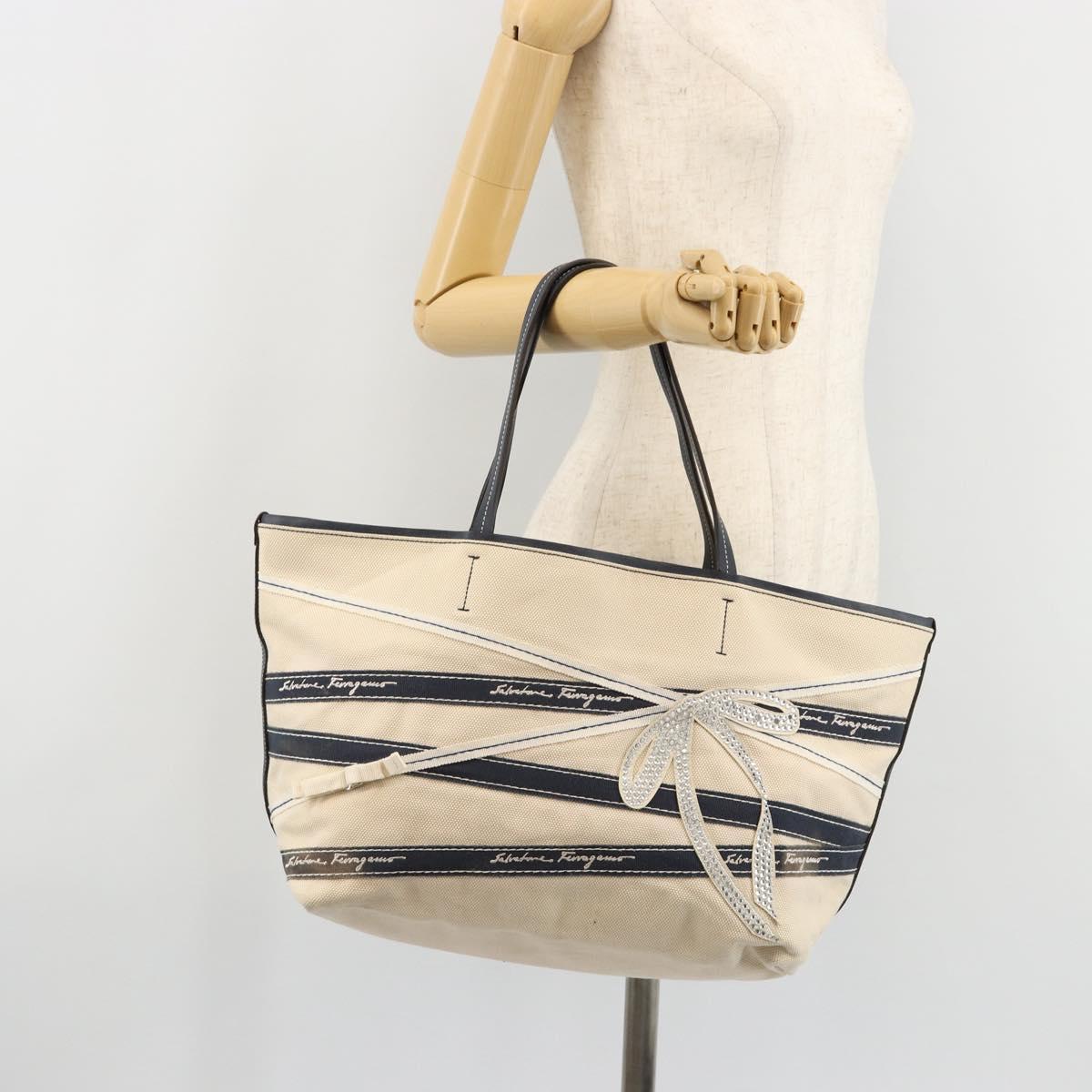 Salvatore Ferragamo Tote Bag Canvas White Silver Auth bs35372