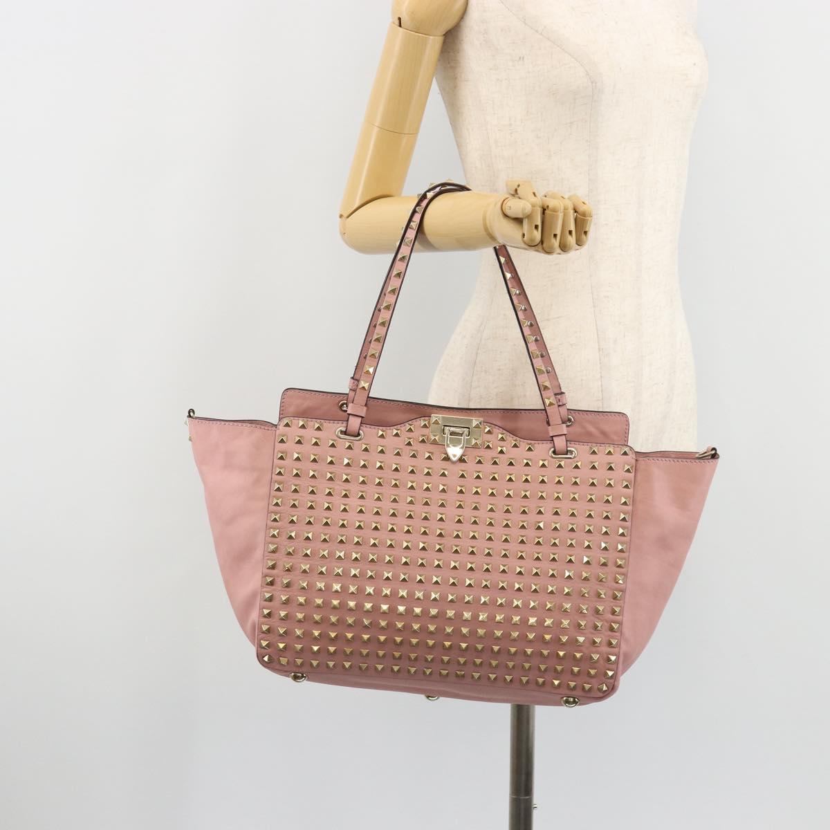 VALENTINO Rock Studs Tote Bag Leather Pink Gold Auth bs35382