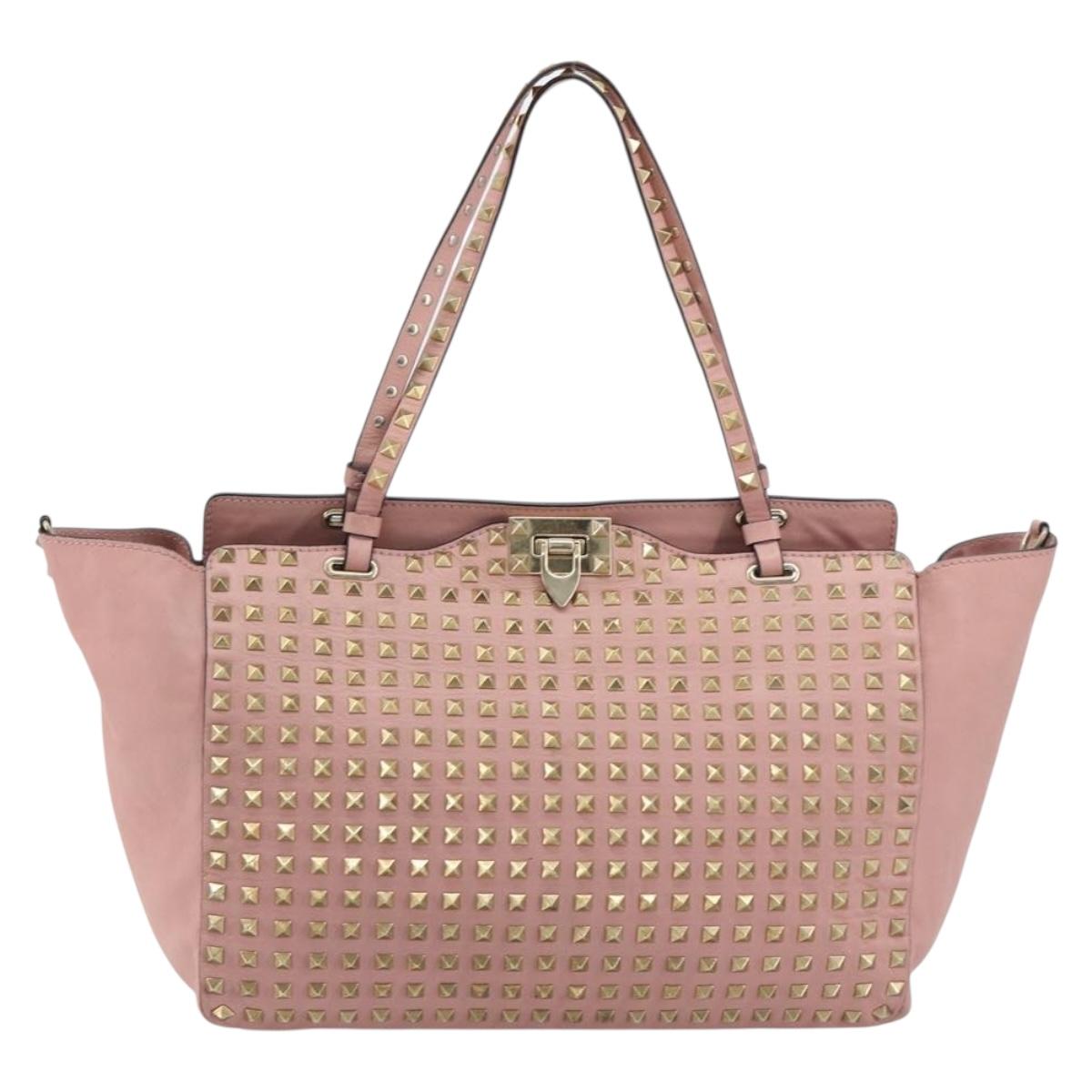 VALENTINO Rock Studs Tote Bag Leather Pink Gold Auth bs35382