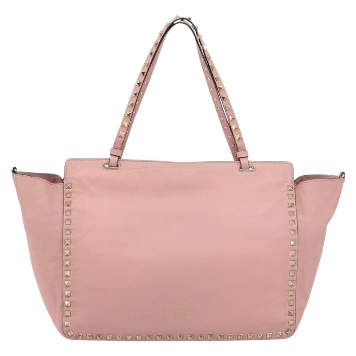 VALENTINO Rock Studs Tote Bag Leather Pink Gold Auth bs35382