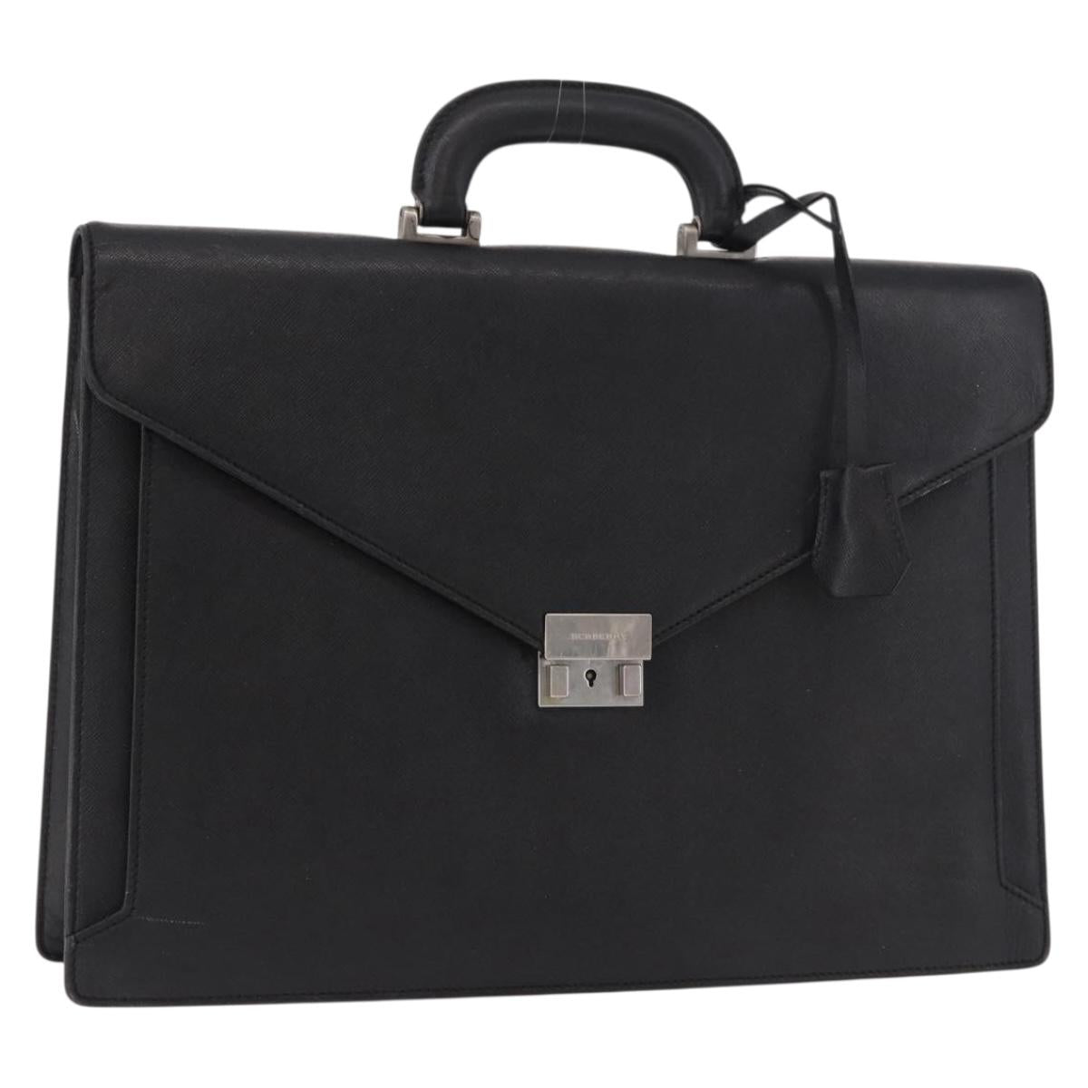 BURBERRY Business Bag Leather Black Silver Auth bs35383