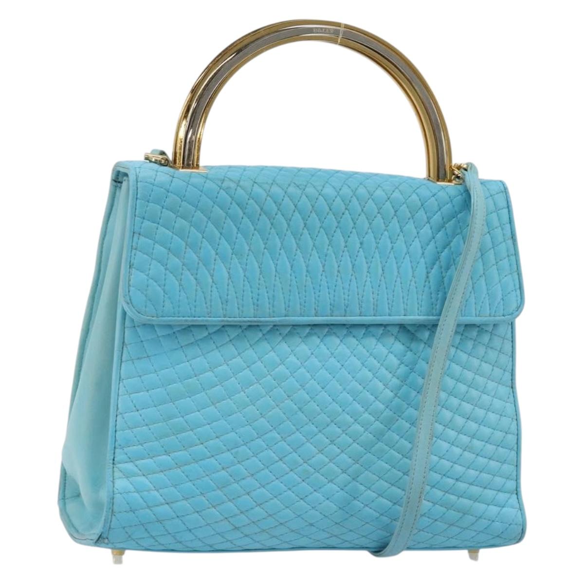 BALLY Hand Bag Leather 2way Light Blue Gold Auth bs35393