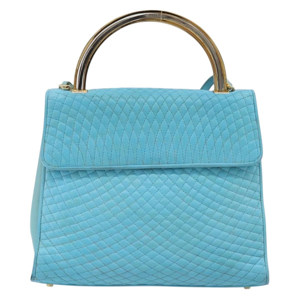 BALLY Hand Bag Leather 2way Light Blue Gold Auth bs35393