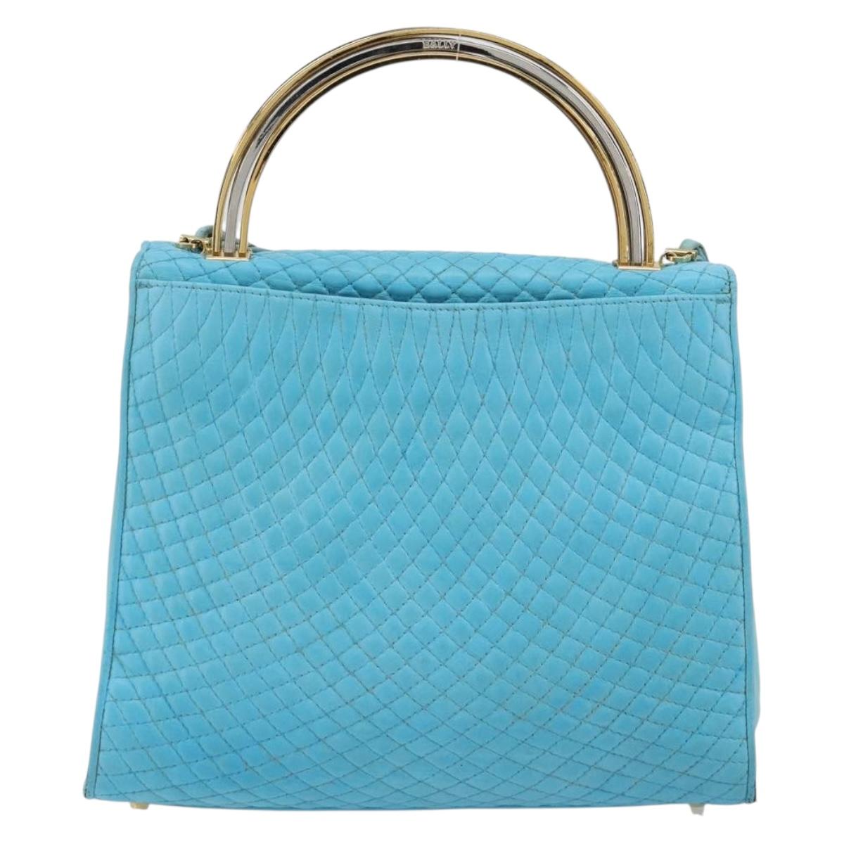 BALLY Hand Bag Leather 2way Light Blue Gold Auth bs35393