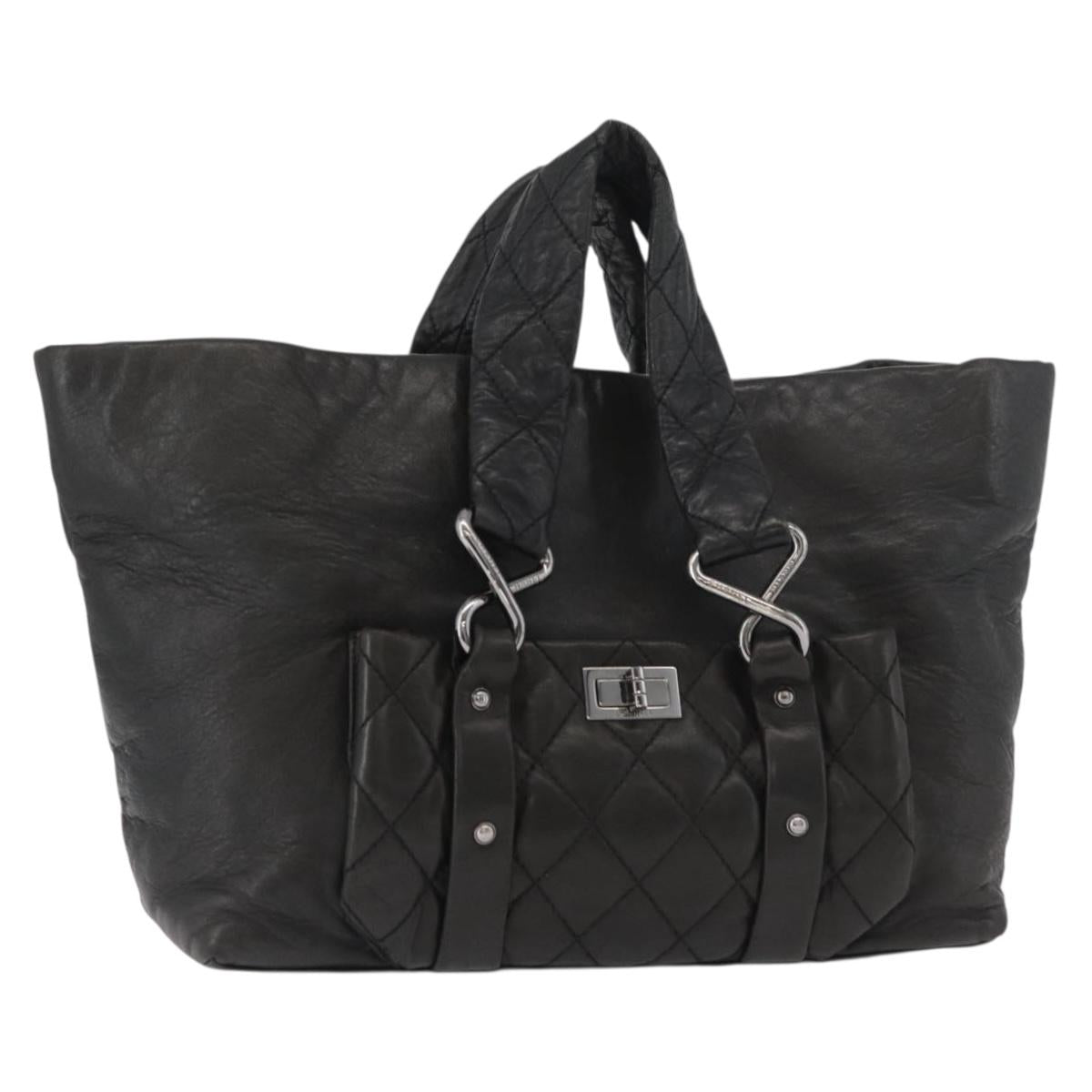 CHANEL 2.55 Matelasse Hand Bag Lamb Skin Black Silver CC Auth bs35399A