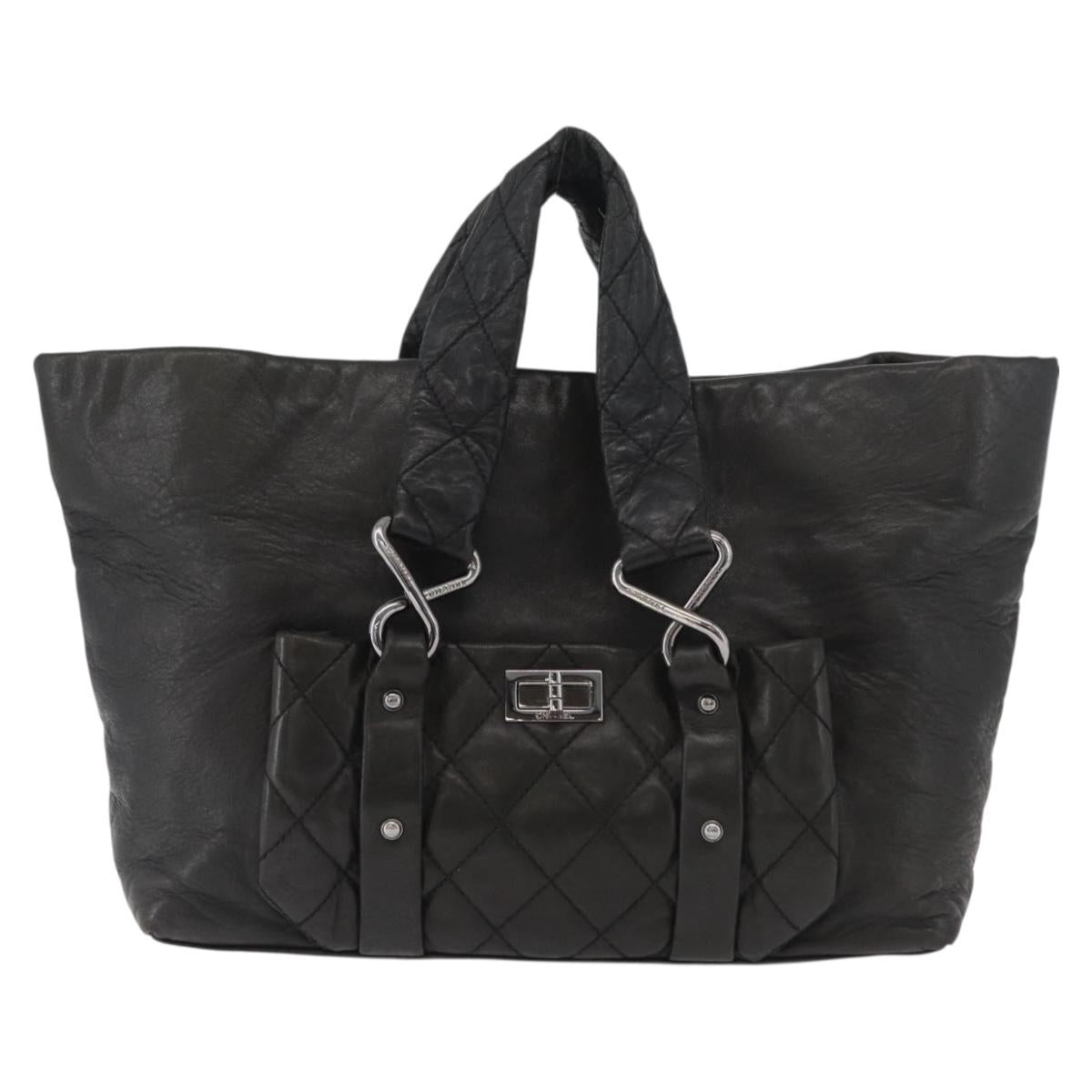 CHANEL 2.55 Matelasse Hand Bag Lamb Skin Black Silver CC Auth bs35399A