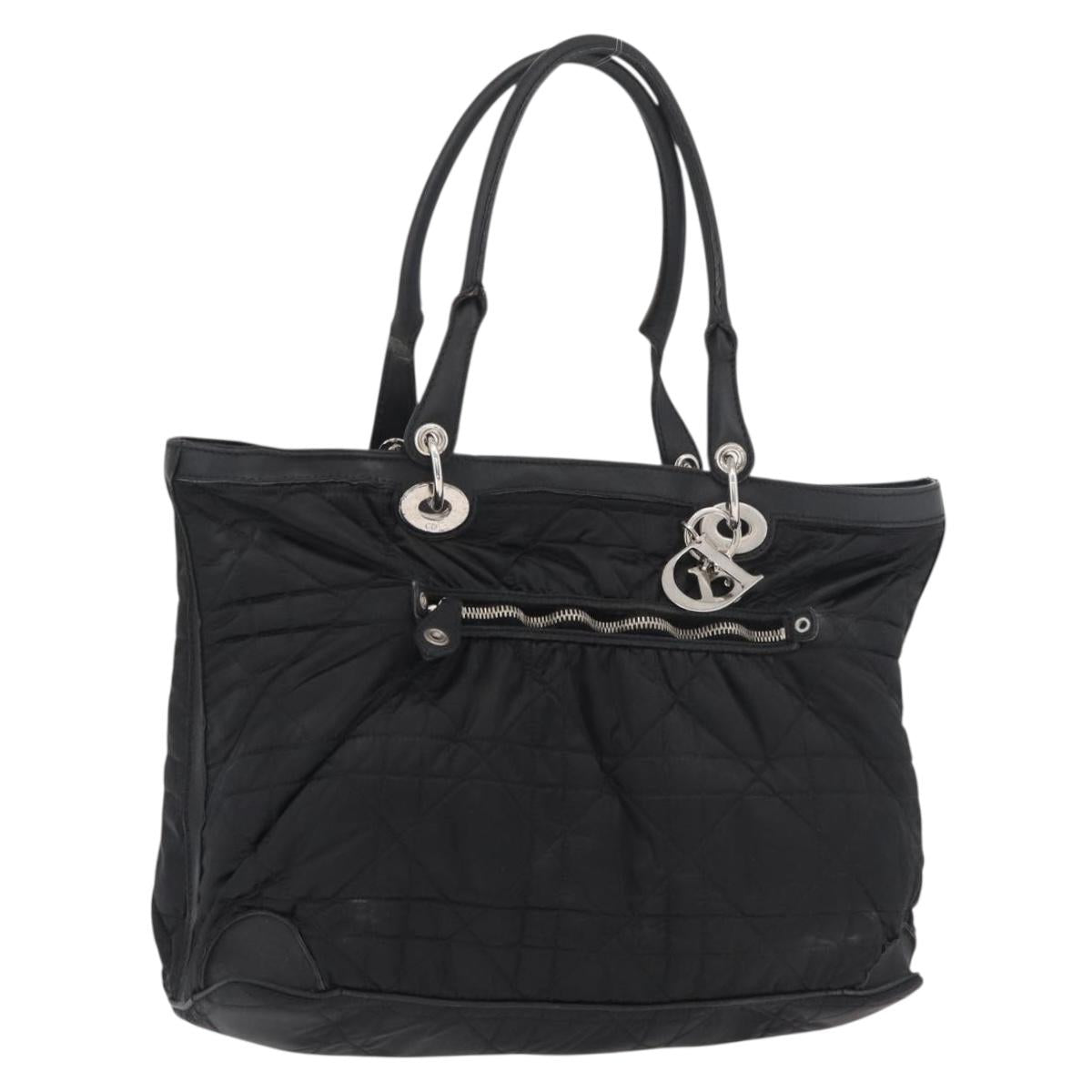 Christian Dior Lady Dior Tote Bag Nylon Black Silver Auth bs35408